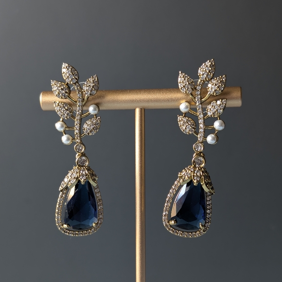 Jewelry - Gold Leaf Drop Earrings with Blue Teardrop and Pearls
